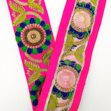 Fuchsia Art Silk Lace Trim, Floral Embroidery in Green and Blue, Hand Embroidered Border with Antique Gold beads and Gold Sequins